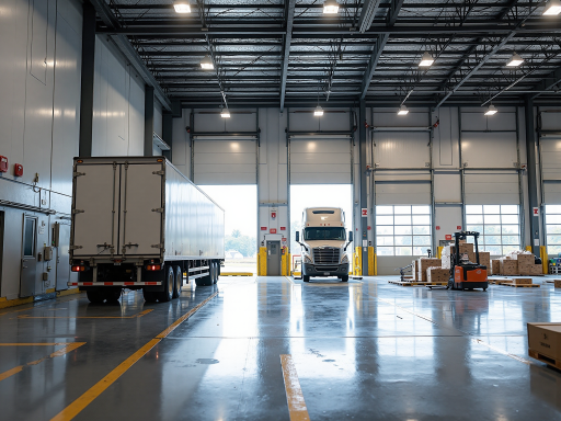 Modern logistics facility with containers and trucks, professional warehouse environment, bright lighting